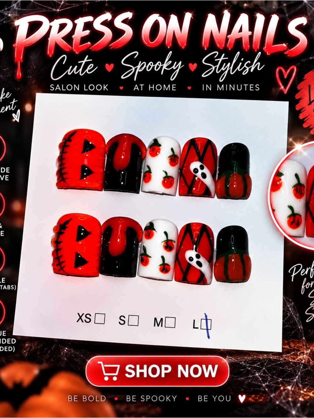Press On Halloween Nail Set - Orange, Black & White PUMPKIN baby duck shape
